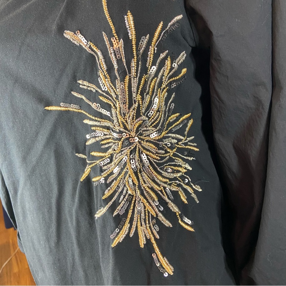 Chico's Sz 2 Fireworks Embroidered Metallic Sequin Blouse Poplin Puff Sleeve L - Picture 7 of 11
